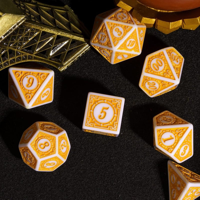 Poludie 7PCs DND Dice Set, Unique Window Lattice Pattern D&D Dice Set with Leather Die Bag, Polyhedral Die for RPG Table Games (Yellow/White) - Image 4